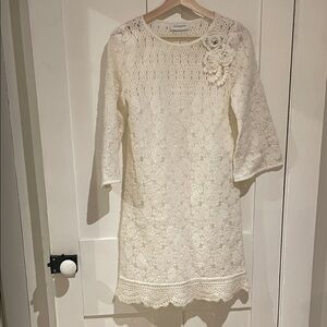 Charming Ivory Lace Dress with Floral Accent